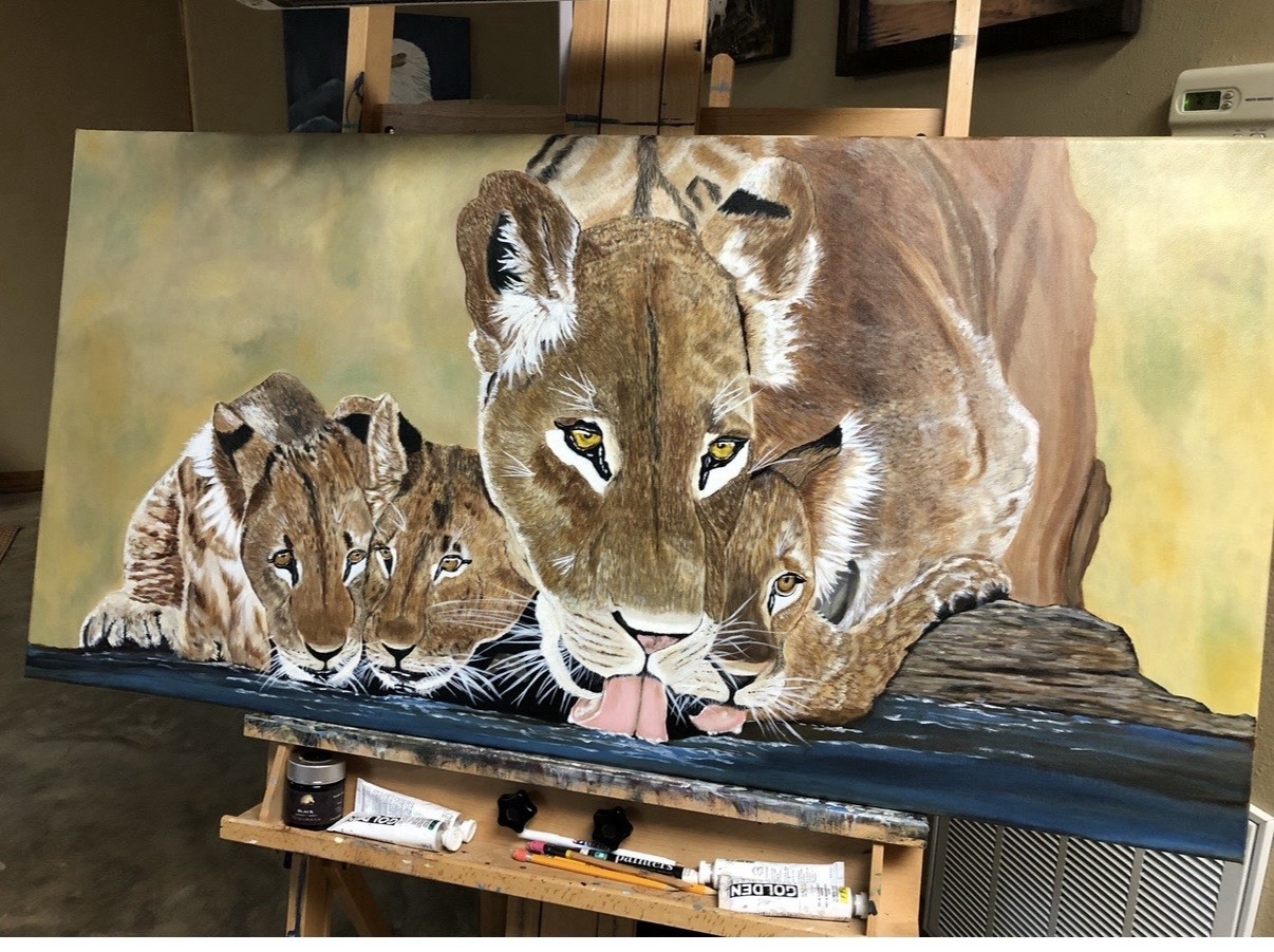 Lion with cubs  Original Canvas Painting By Arkansas Artist Leah Smith