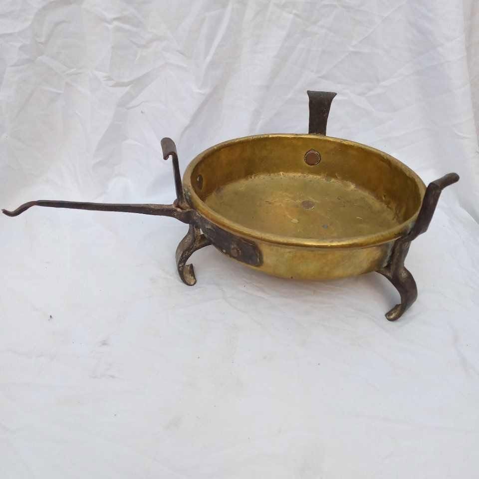 Antique 17-18th Circa 1750 Brass Iron Chafing Dish Brazier Handmade W Signature