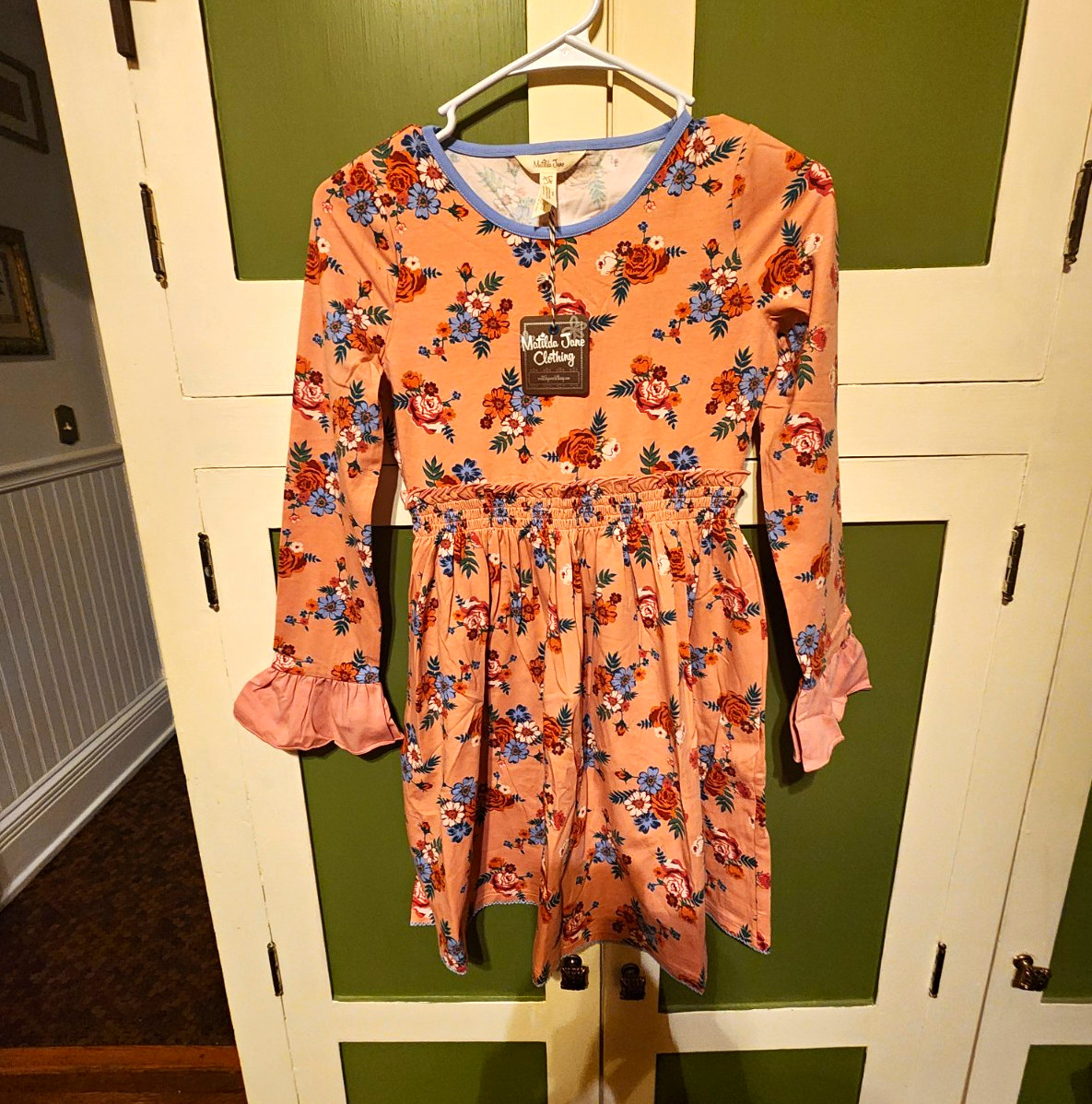 Matilda Jane Girls Size 12 orange peach cream flare Ruffle Long Sleeve Dress 