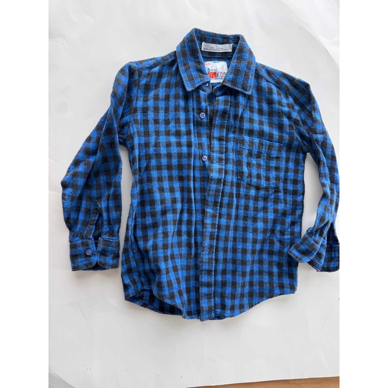 VTG McKids Flannel Shirt Boys 5 Blue Black Check Plaid Cotton Grunge Gorpcore
