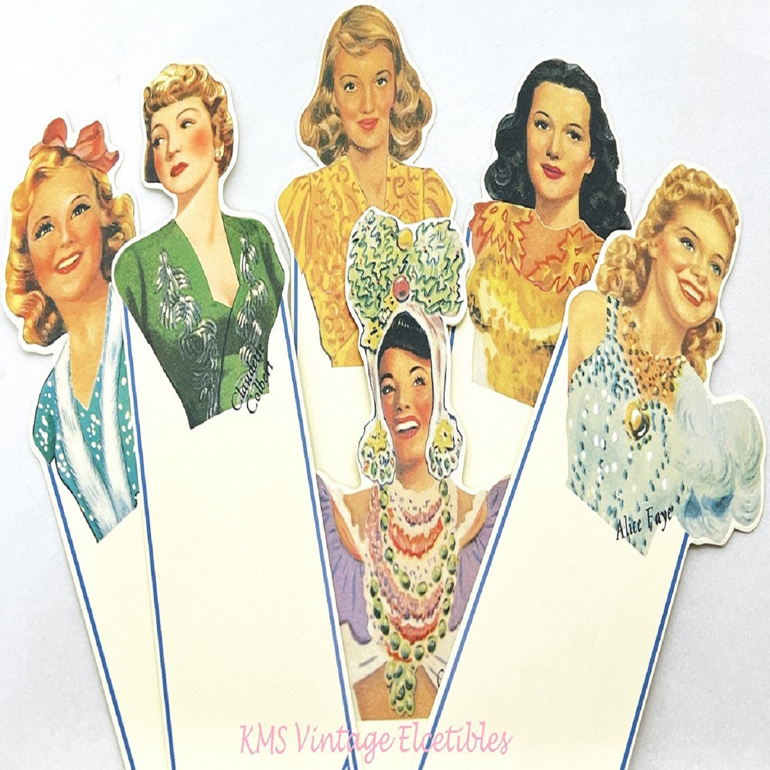 6 Vintage HOLLYWOOD STARLET BOOKMARKS Colbert/Davis/Lamarr/Faye/Miranda/Heine