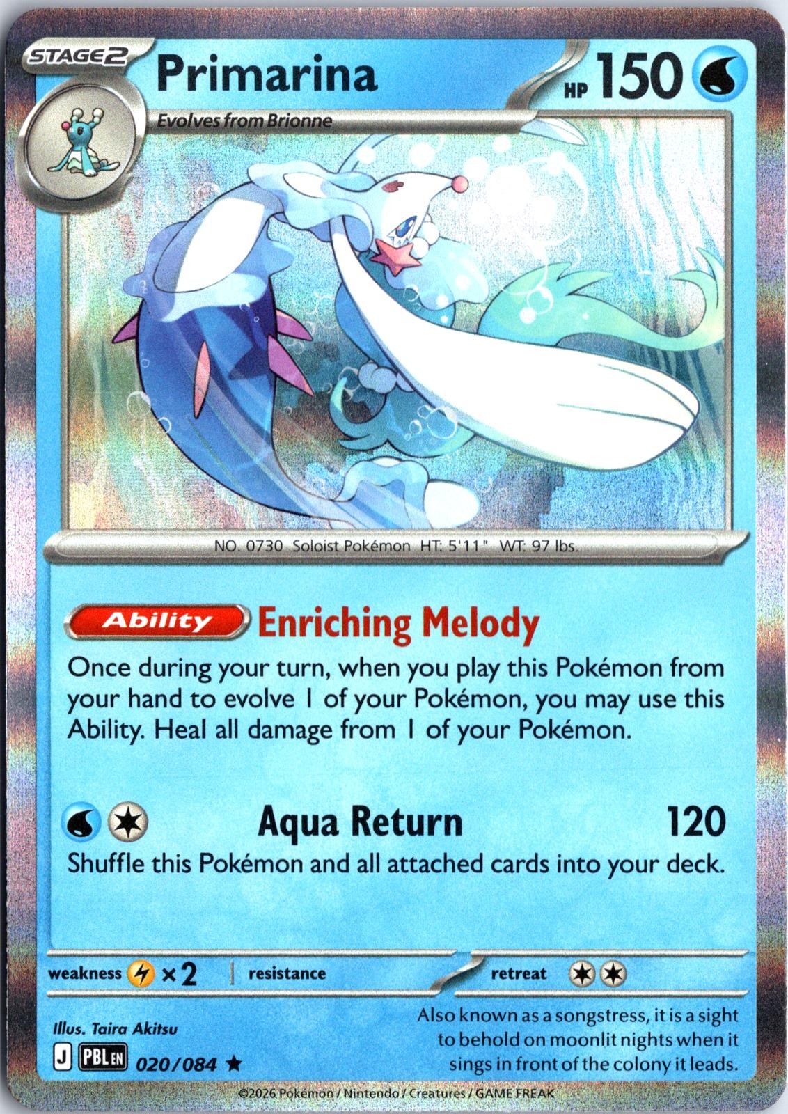 Primarina 020/084 Near Mint Rare Pitch Black Pokemon Holo