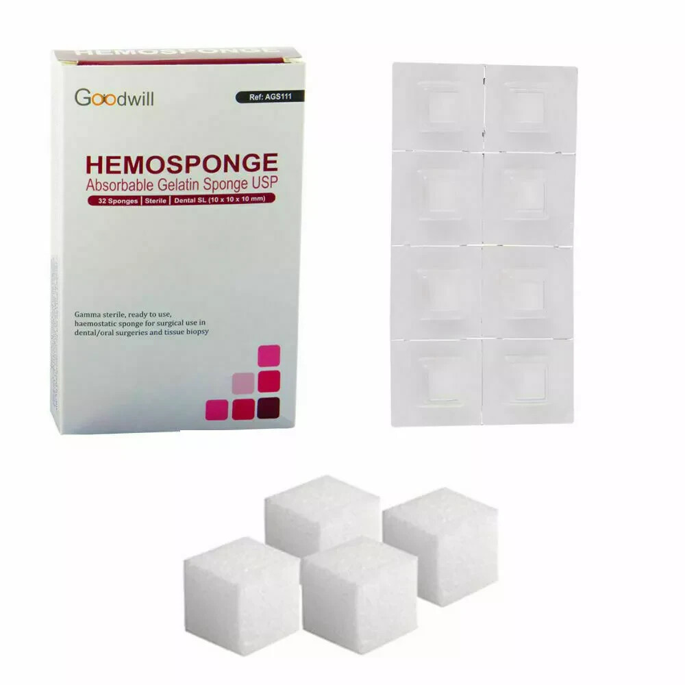 DENTAL HEMOSPONGE ABSORBABLE GELATIN STERILE SPONGE 32pcs PACK SIZE #10x10x10mm DENTAL HEMOSPONGE ABSORBABLE GELATIN STERILE SPONGE 32pcs PACK SIZE #10x10x10mm