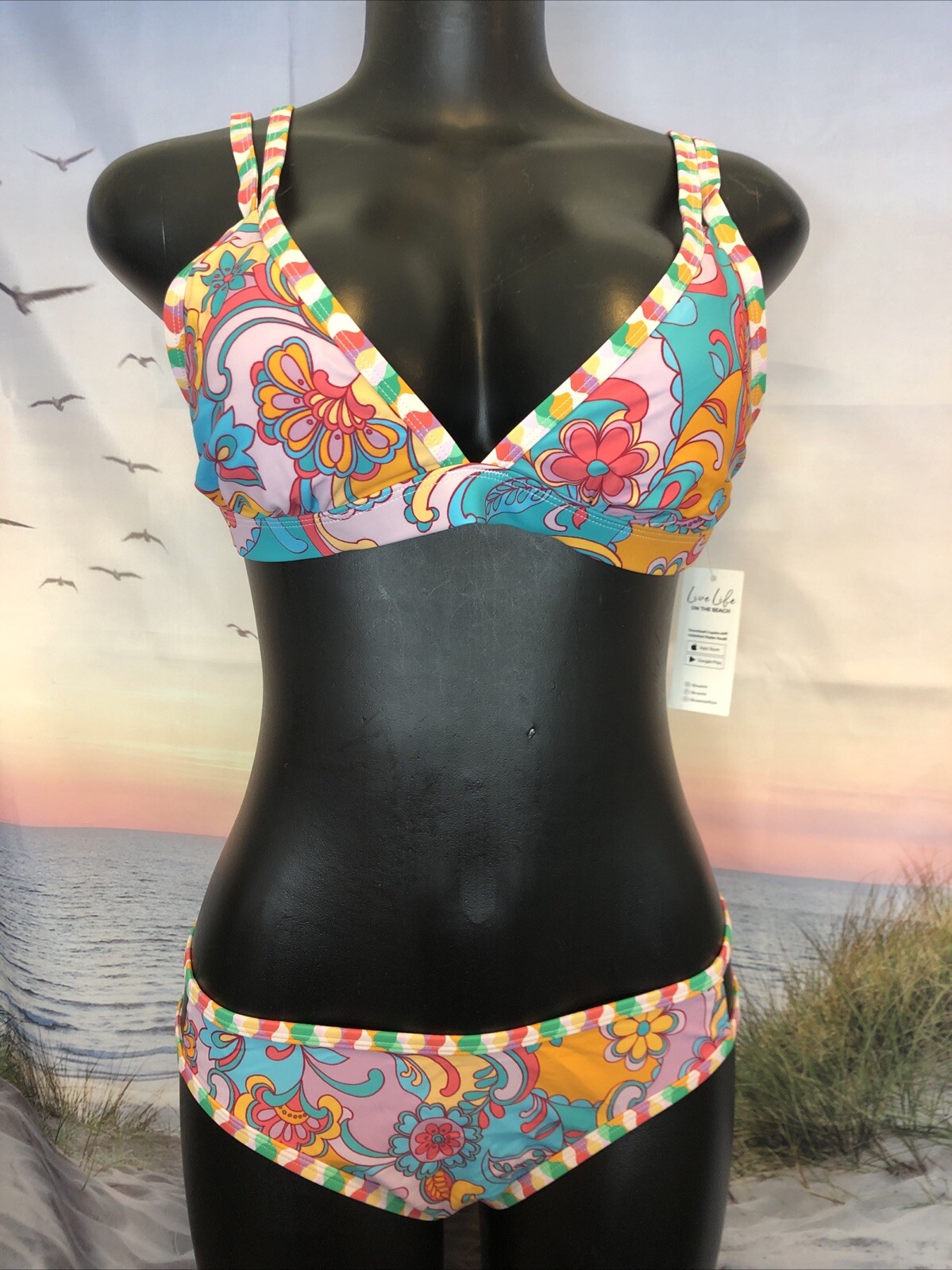 NWT Cupshe Woman’s Two Piece Swimsuit Large Floral Orange Pink Blue Purple