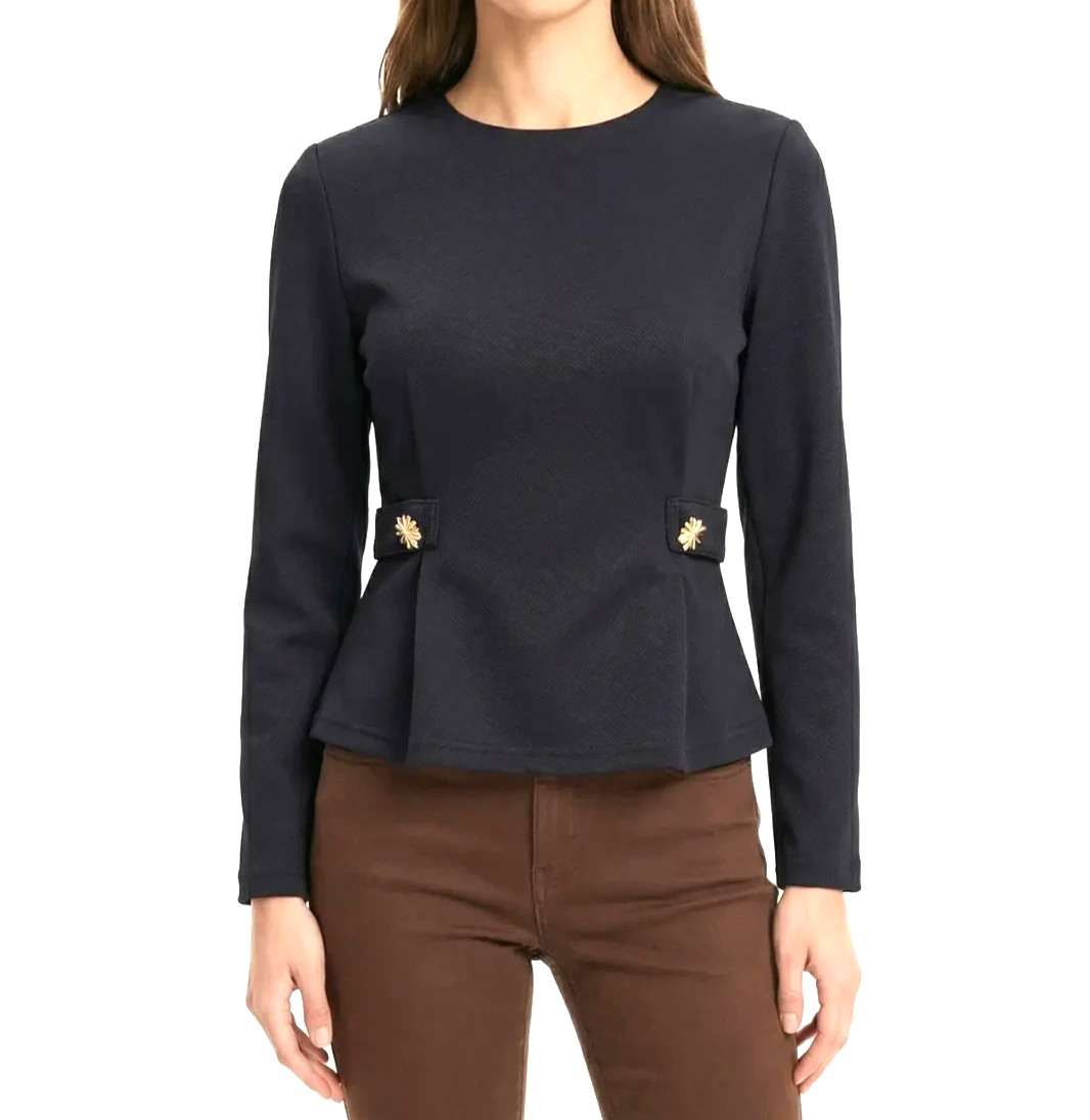 NWT ZARA Gray TWILL Gold Buttons Detail PEPLUM HEM Tapered BLOUSE/TOP Sz S