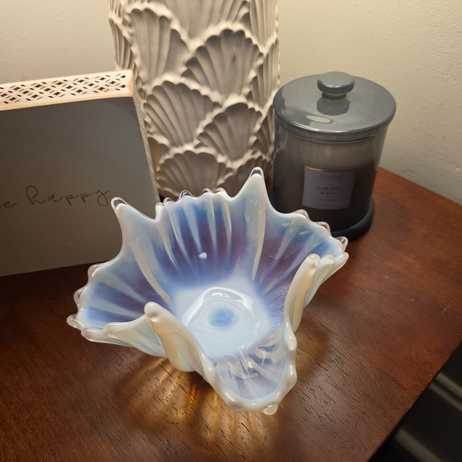 Vintage Fostoria Heirloom White Opalescent Glass Handkerchief Bowl...