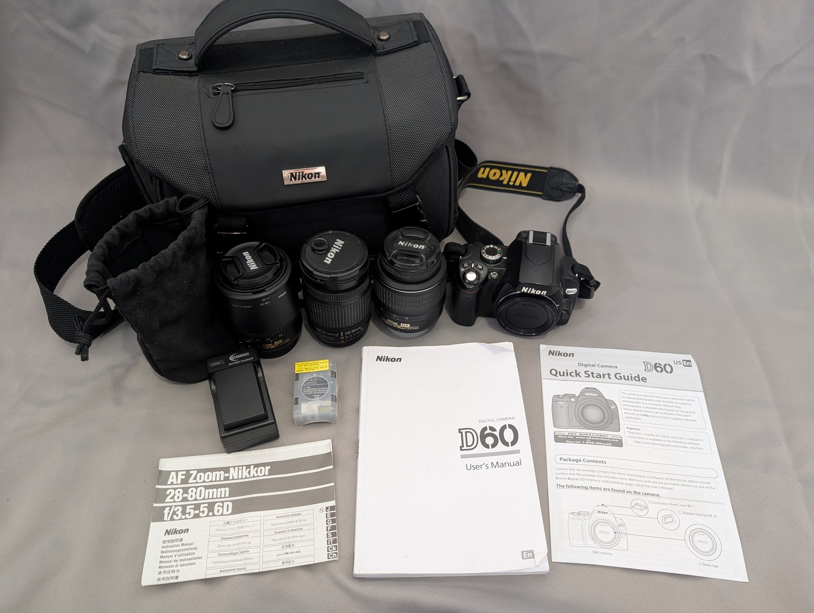 Nikon D60 10.2MP DSLR Camera Bundle 3 Lenses Bag Tested/working