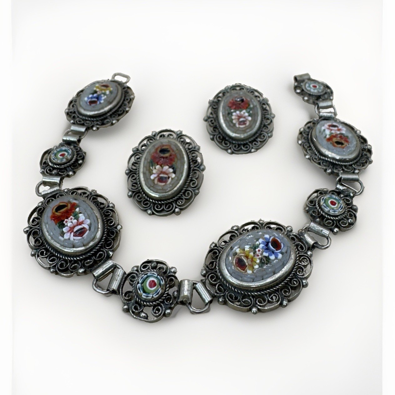 Vintage Italian Micro Mosaic Bracelet & Clip Earrings • Floral Filigree Set