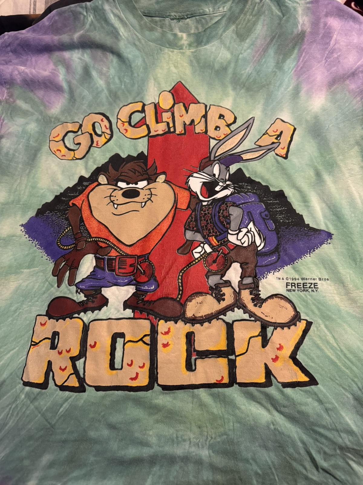 Vintage 1994 Looney Tunes Go Climb A Rock Tie Dye T-Shirt Taz Bugs Bunny XXL