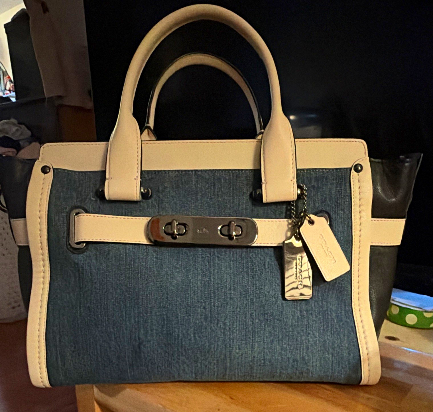 Coach Swagger color block carryall satchel bag crossbody denim white