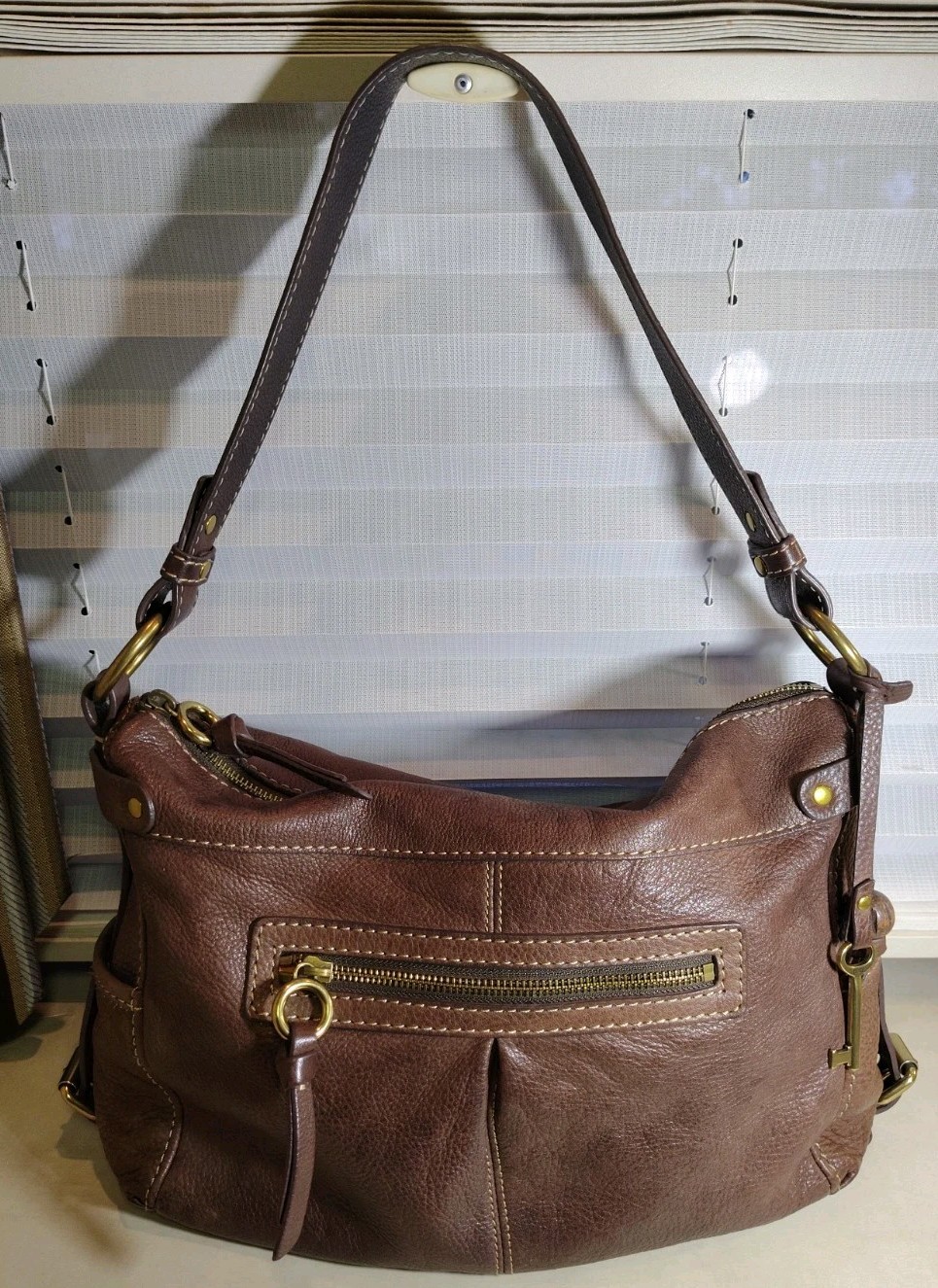 Vintage Fossil Brown Pebble Leather Hobo Shoulder Bag With Key Charm Y2K