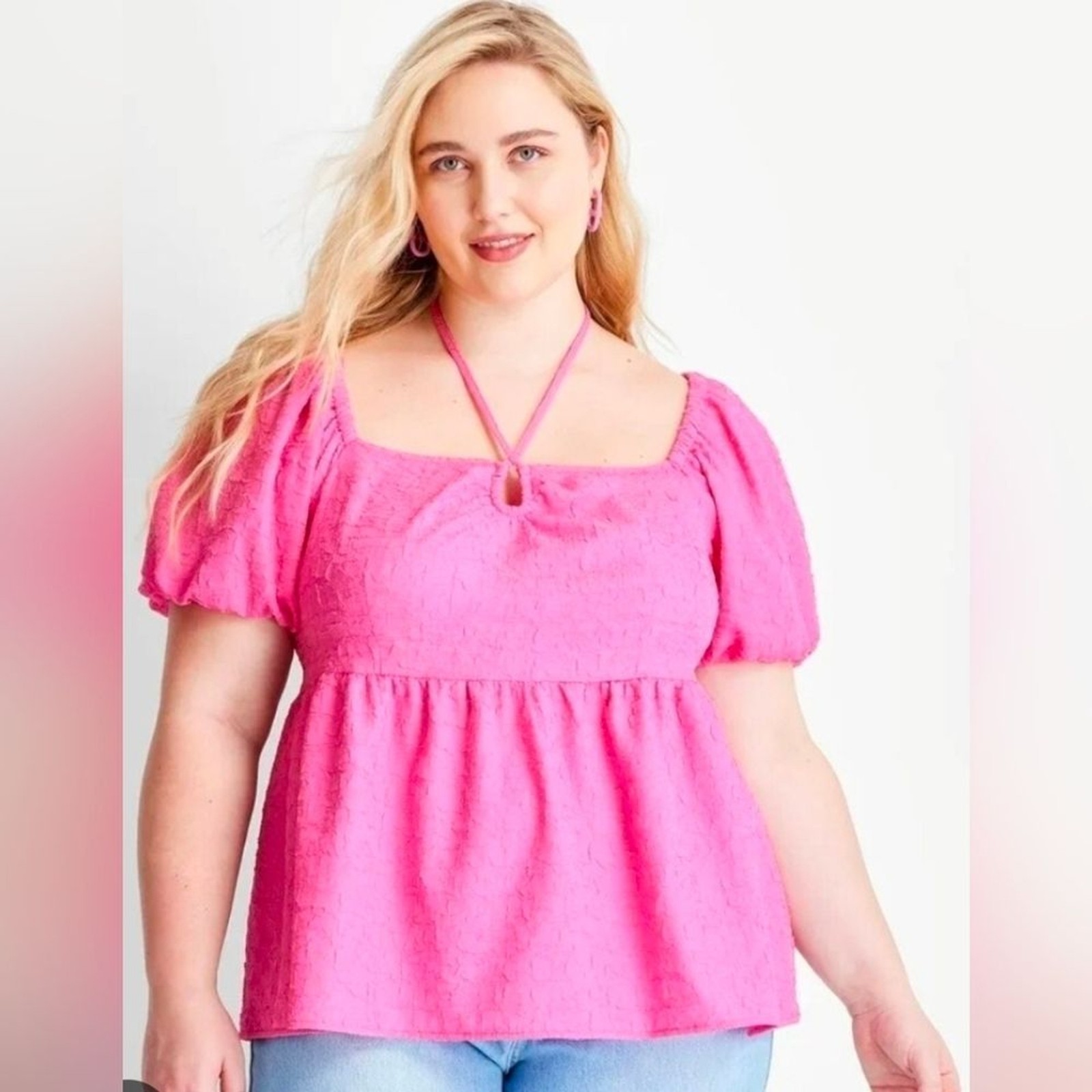 💜NWT Future Collective Pink Textured Puff Sleeve Peplum Tie-Neck Top 1X 💜NWT Future Collective Pink Textured Puff Sleeve Peplum Tie-Neck Top 1X