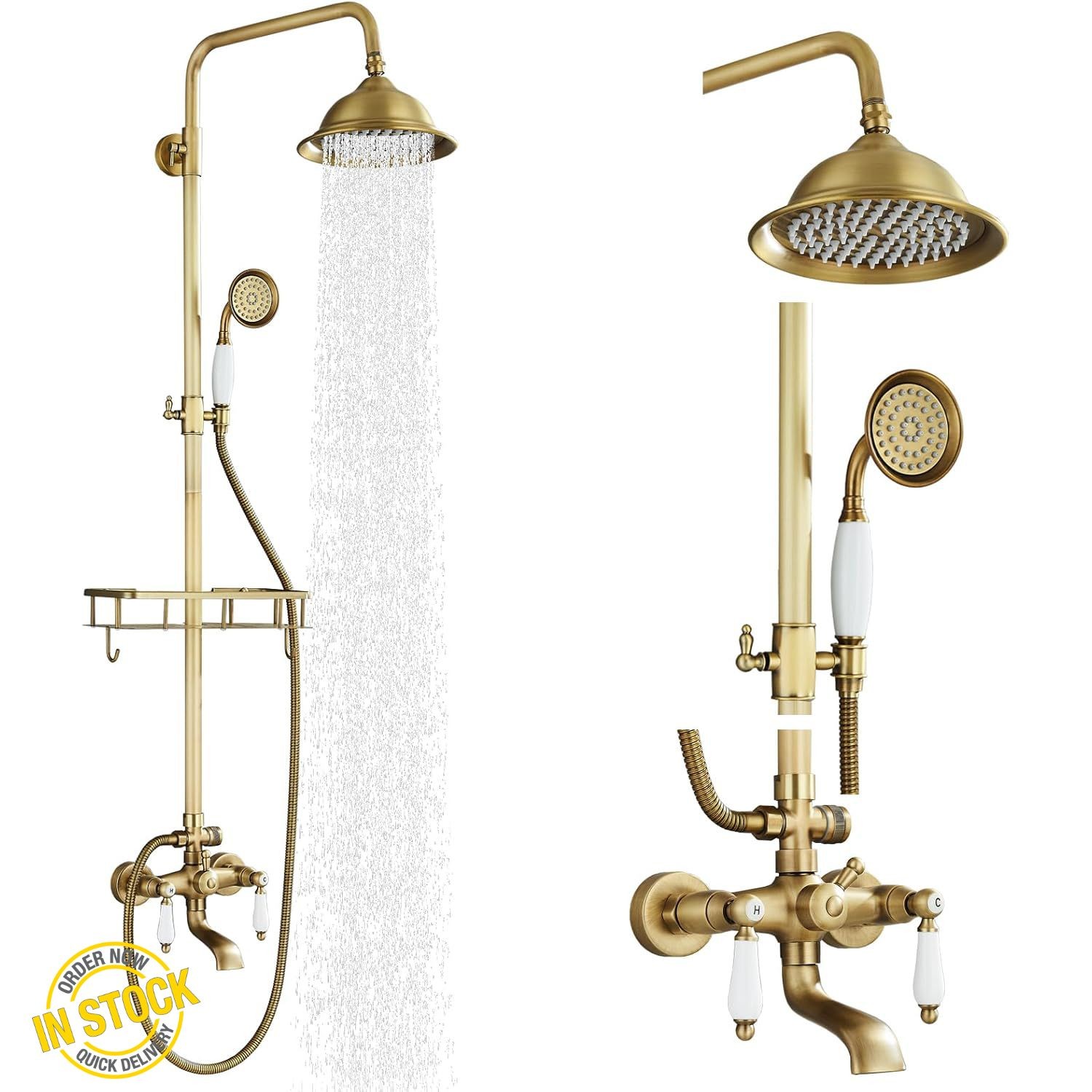 Upgraded Outdoor Shower Fixtures Antique Brass Shower Faucet System 3 Function..