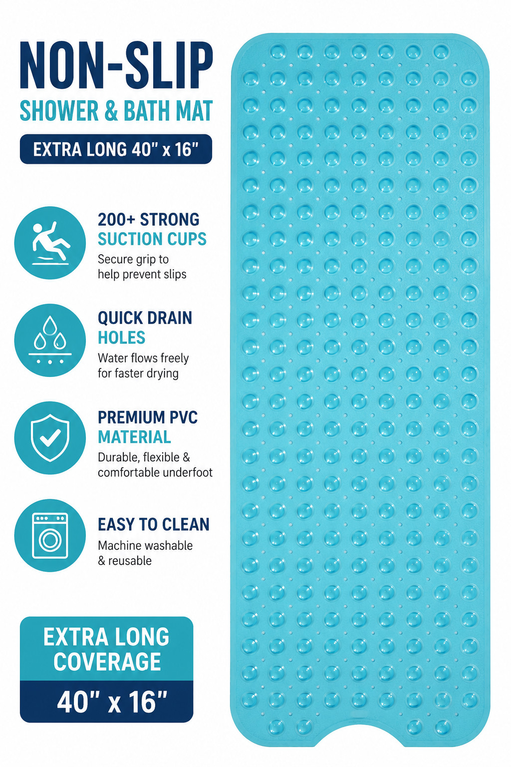 Non Slip Bathtub Mat, 40x16 Extra Long, 200+ Suction Cups, Multi-Color Options