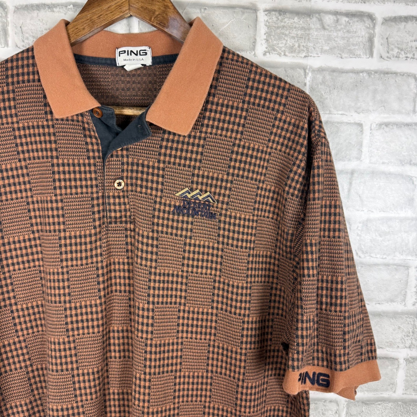 Vintage Ping Golf Polo Shirt Mens Large Brown Checkered Knit Made in USA Cotton Vintage Ping Golf Polo Shirt Mens Large Brown Checkered Knit Made in USA Cotton