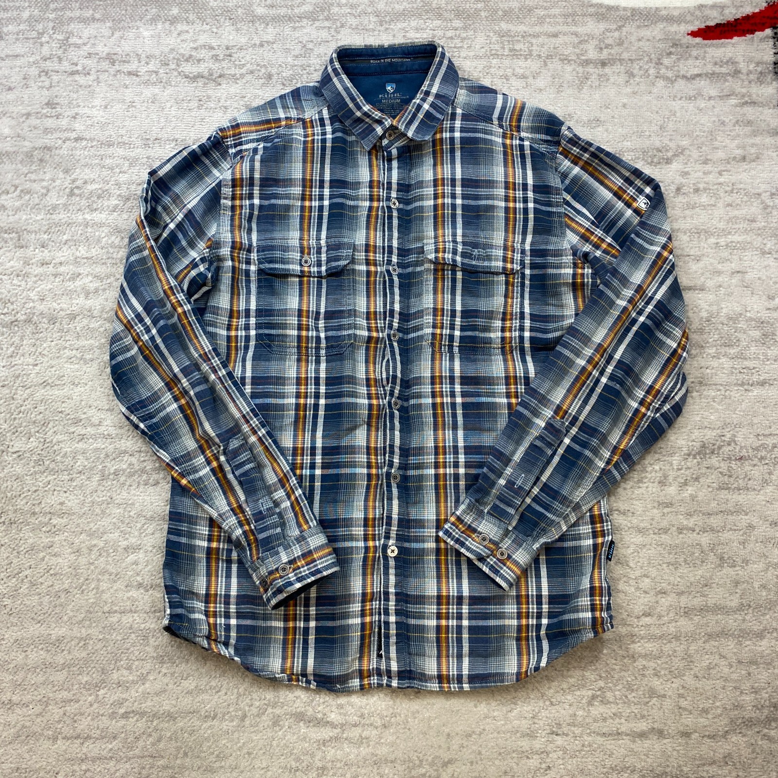 Kuhl Fugitive Flannel Shirt Medium Blue White Tartan Mens Hiker Trekker Preppy