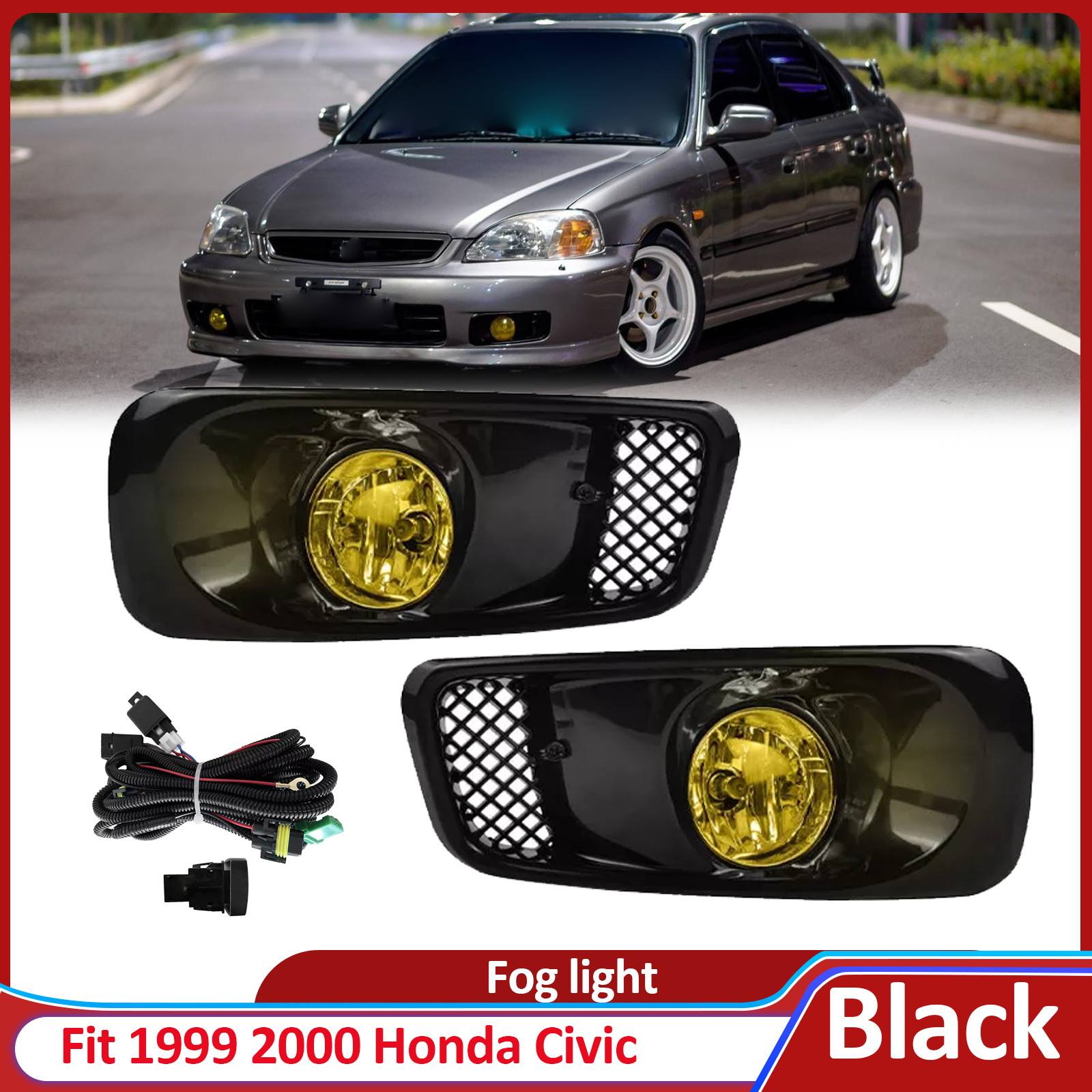 For 1999-2000 Honda Civic 99-00 JDM Bumper Halogen Fog Lights Yellow Lens Lamps