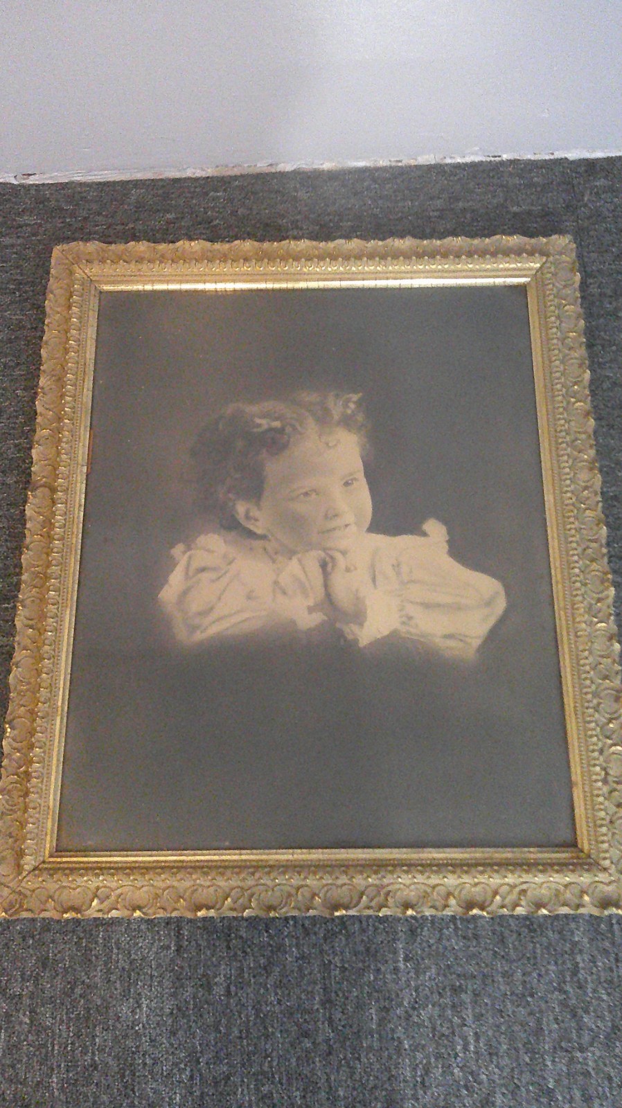 Antique Victorian Crayon Charcoal Child Portrait Canvas Gilt Frame 1880-1900