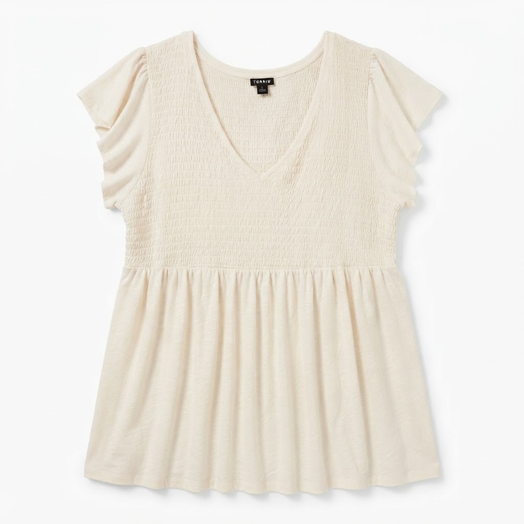 TORRID Plus Size 2X V-Neck Smocked Babydoll Top Cream Ivory Flutter Short Sleeve