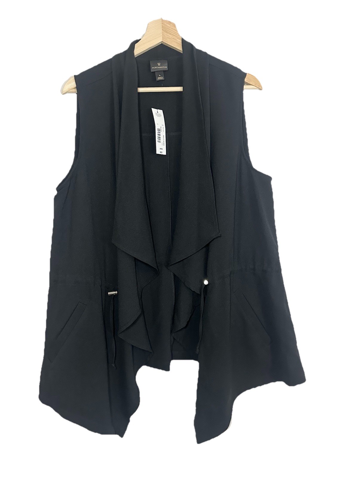 NEW Worthington Women\'s LARGE Black Drape Open Front Sleeveless Vest Career
