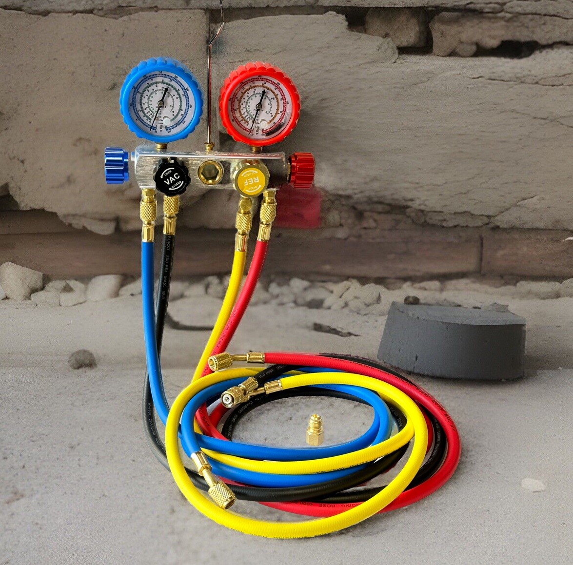 4 Way HVAC Mini Split Diagnostic Manifold Gauge & Hoses Set R410 R32 Refrigerant