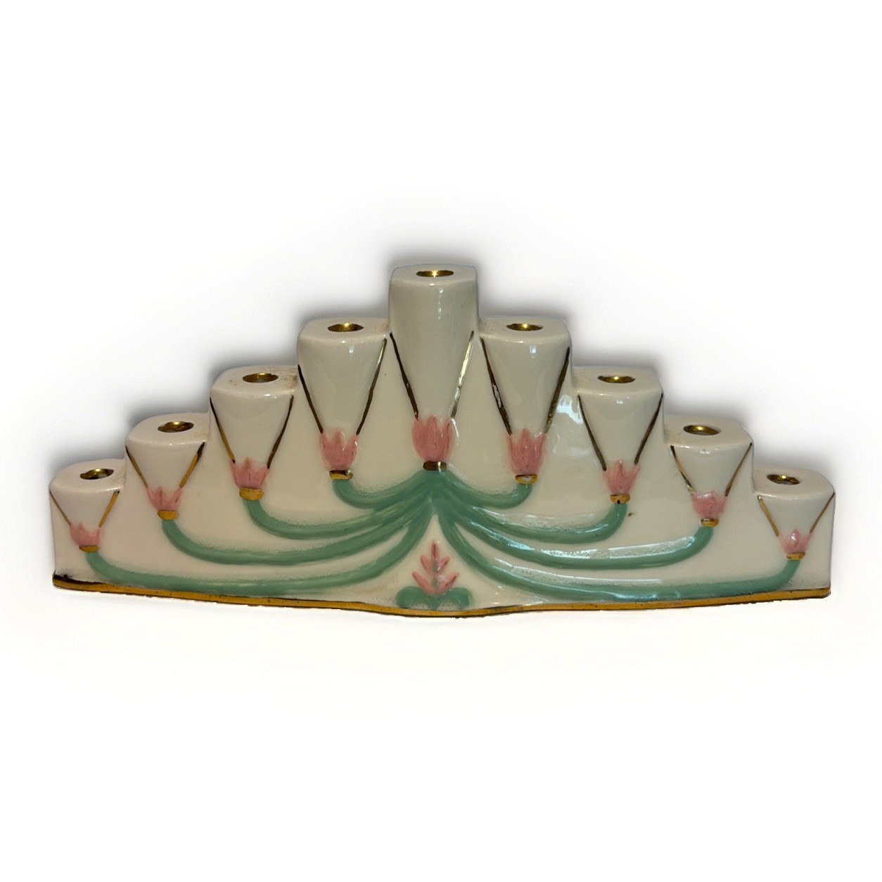 Handmade Ceramic  Hanukkah Menorah Pastel Floral Holiday Decor 10.5. X 4.5\
