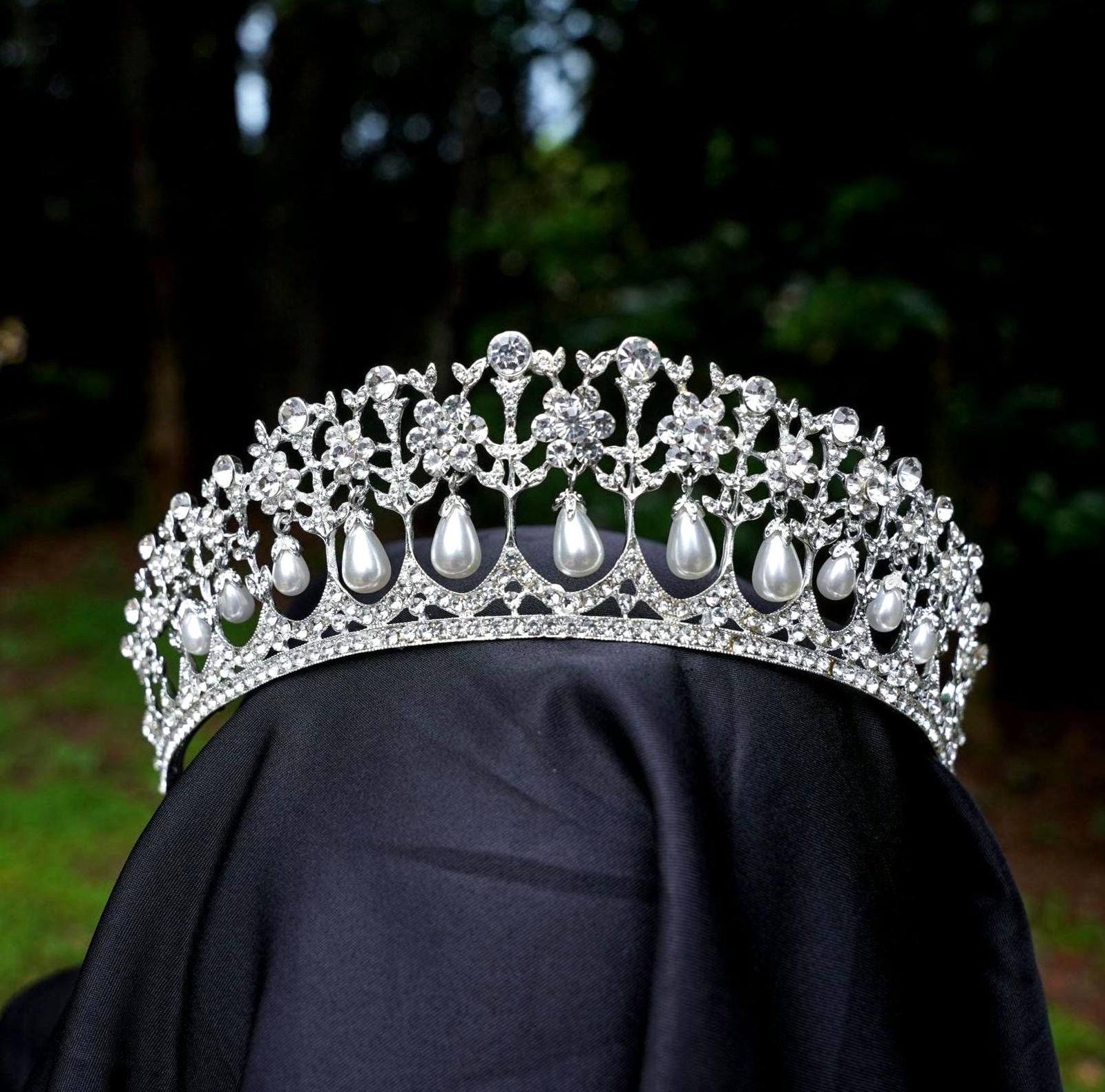 Silver Drop Pearl Princess Diana Tiara Bridal Crown Birthday Wedding Gift