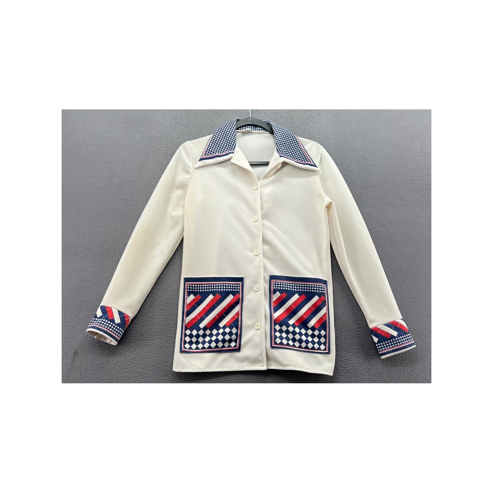 VTG Encron Knit Shirt Womens M Patriotic Red White Blue Dagger Collar Cream