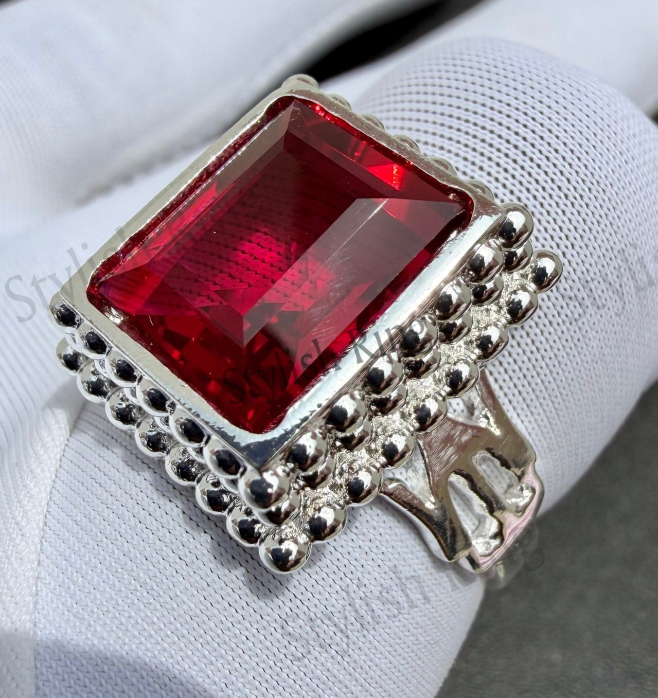 Men\'s Ruby 925 Sterling Silver Ring, Handmade Red Gemstone Emerald Cut Ring