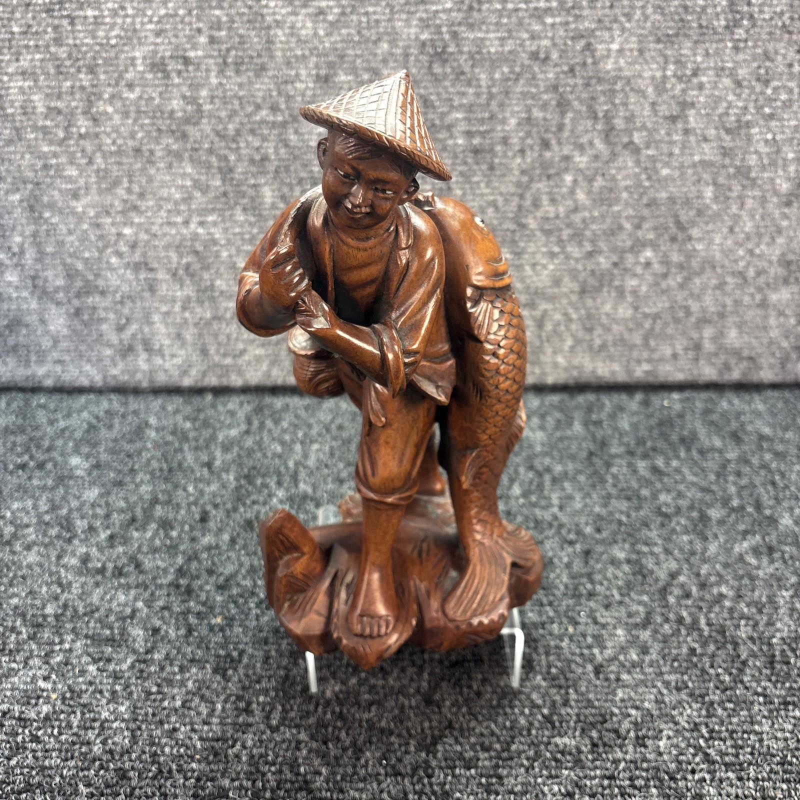 Vtg~Hand Carved Wooden Ashian Fisherman Figurine~8 Vtg~Hand Carved Wooden Ashian Fisherman Figurine~8