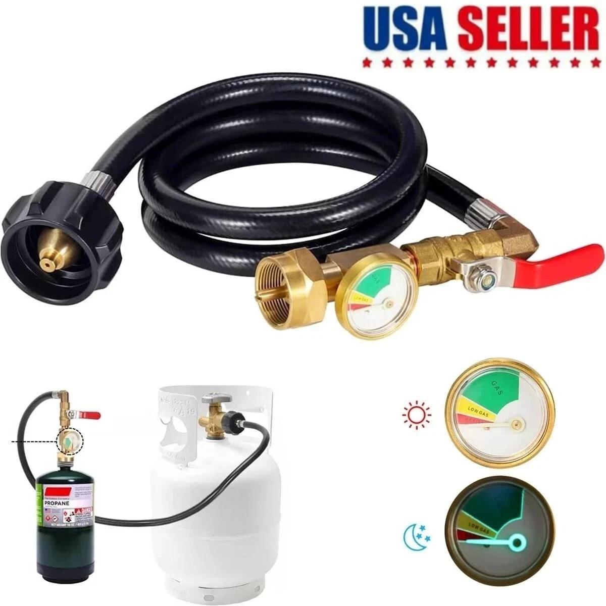 1LB To 20LB Propane Refill Adapter Extension Hose With Gauge On-Off Control 40'' 1LB To 20LB Propane Refill Adapter Extension Hose With Gauge On-Off Control 40''