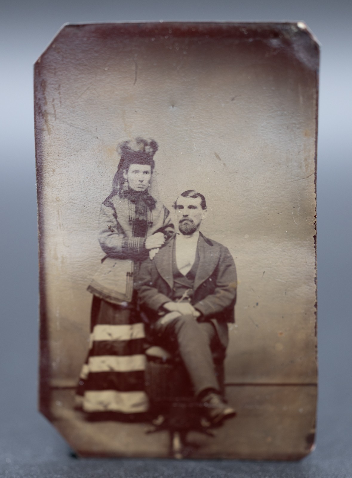 Antique Sixth Plate Tintype Photograph Married Couple Bustle Dress Fashion 1870s