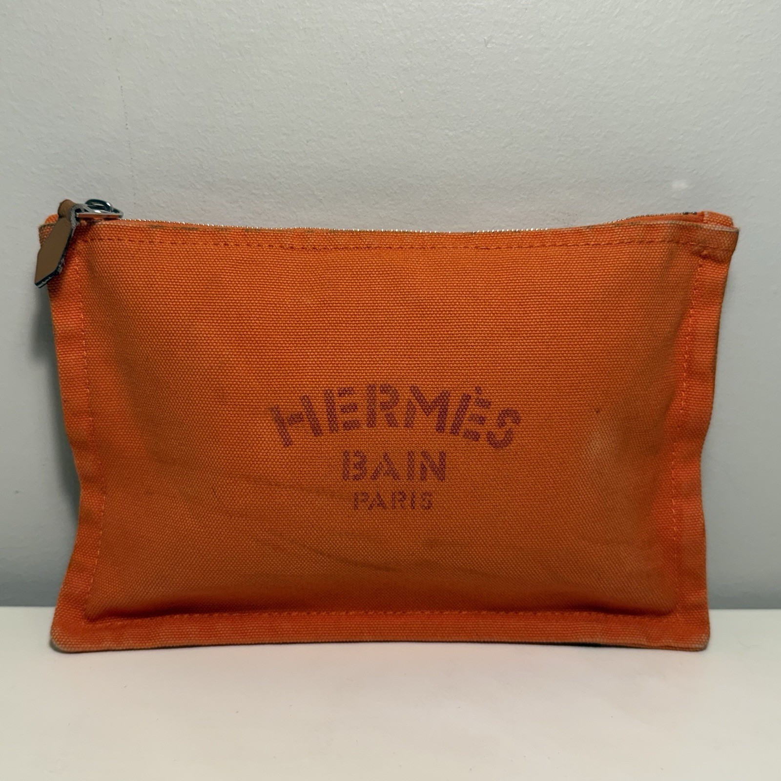Authentic Hermes Bain Yachting Flat Pouch Cotton Orange Travel Toiletry Logo Bag