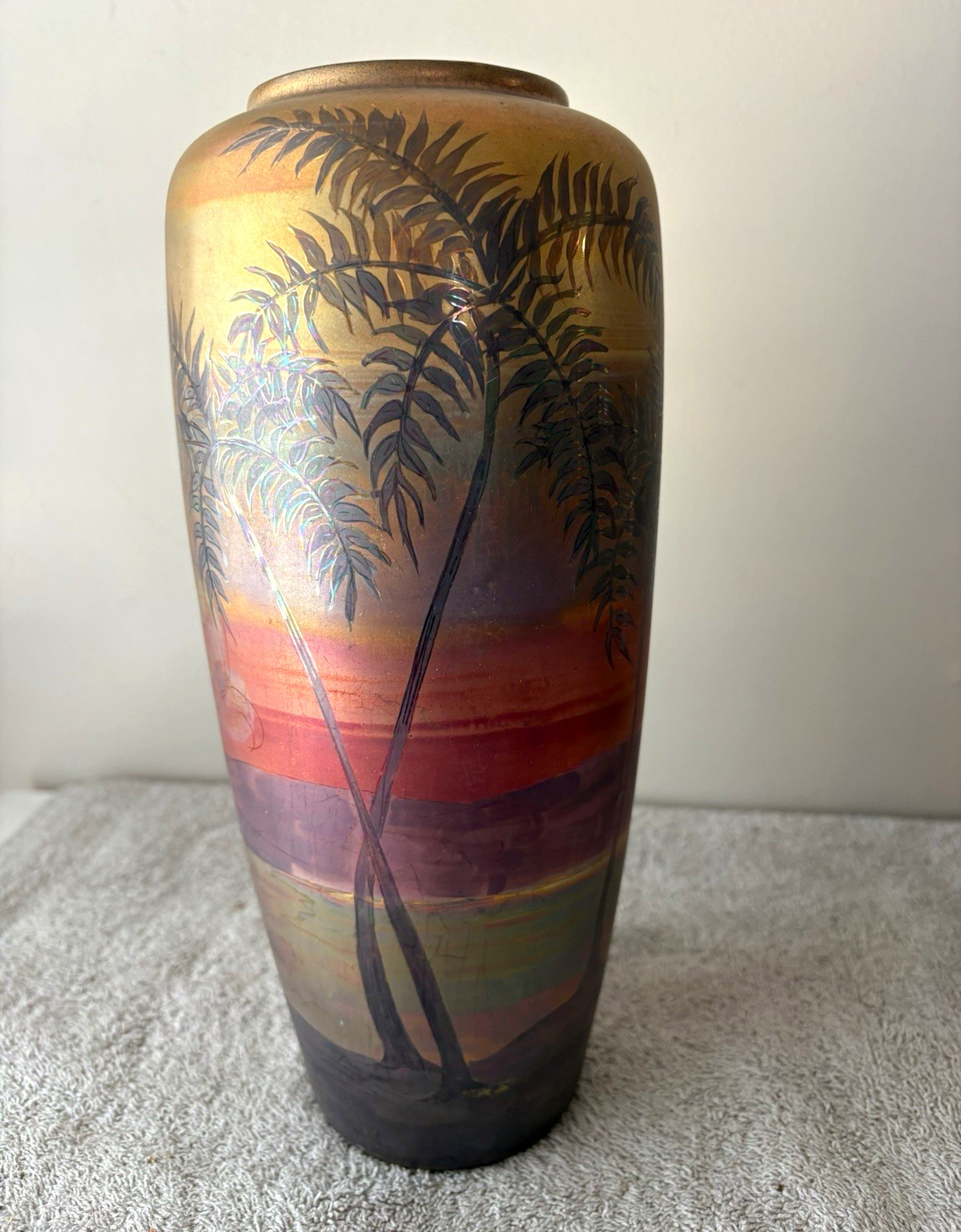 Vintage Weller pottery Lasa vase, 11 1/2”, tree scenery