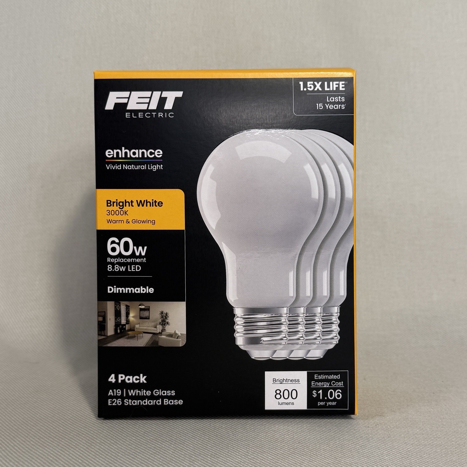 Feit Electric LED Light Bulb 60w Bright White 4 Pack A19 Dimmable E26 Base Feit Electric LED Light Bulb 60w Bright White 4 Pack A19 Dimmable E26 Base