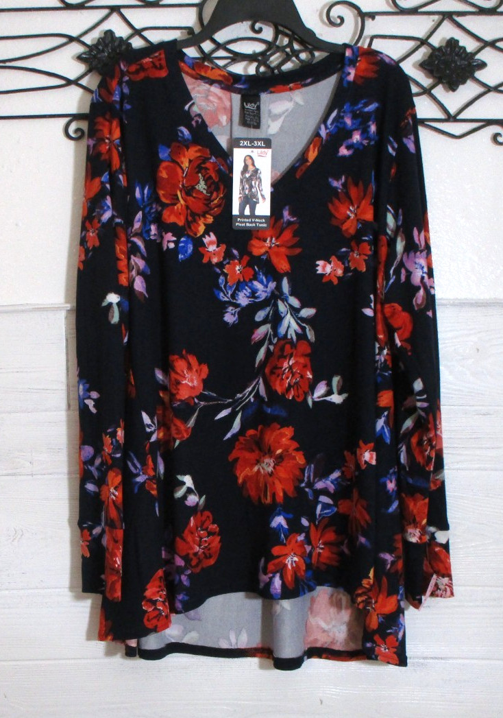 Lildy Women\'s Knit Top Size 2X Long Sleeve Black Floral Round Neck Lildy Women\'s Knit Top Size 2X Long Sleeve Black Floral Round Neck