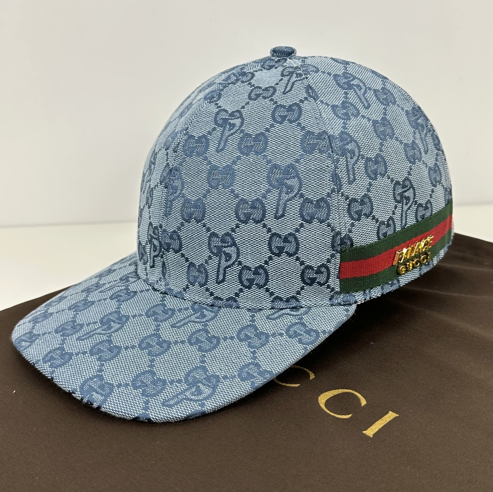 Gucci x Palace GG-P Monogram Logo Web Canvas Baseball Cap Hat Pale Blue Size M