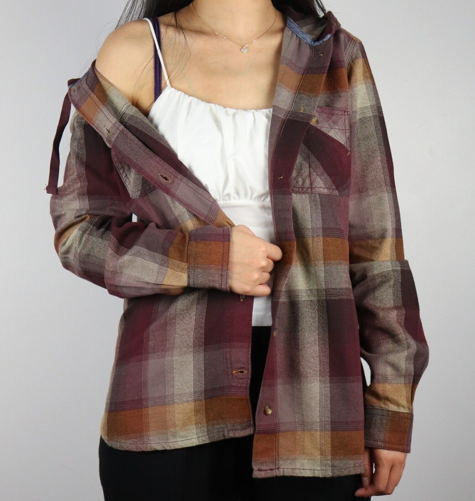 Carhartt Women\'s Wine Gold Cream Plaid Hooded L/S Woven Shirt