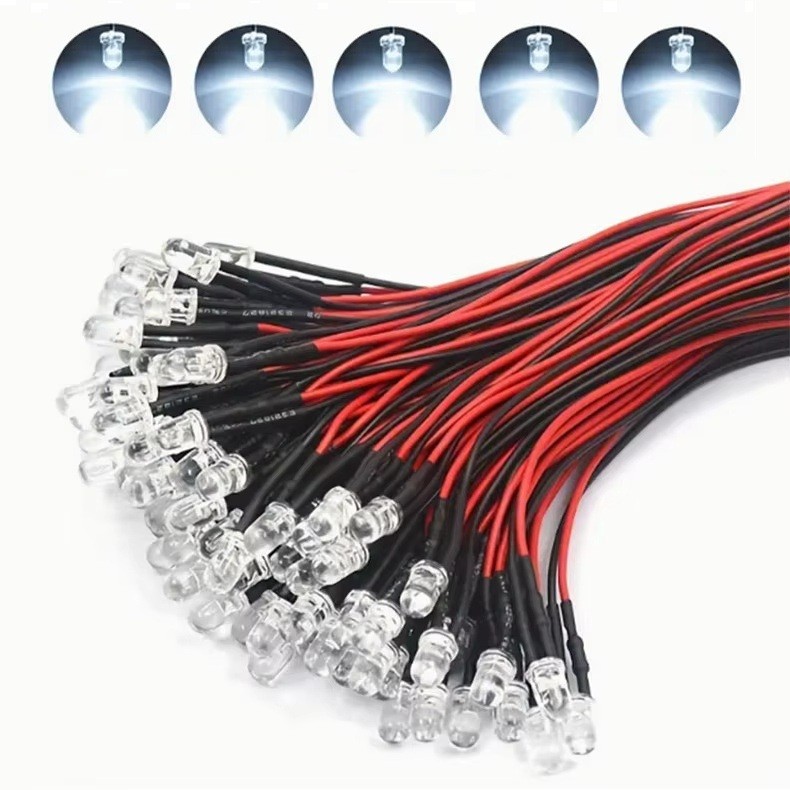 100x White LED Single Bulb Small Light Wire 5V-12V DC 3mm Bright Round Top Clear