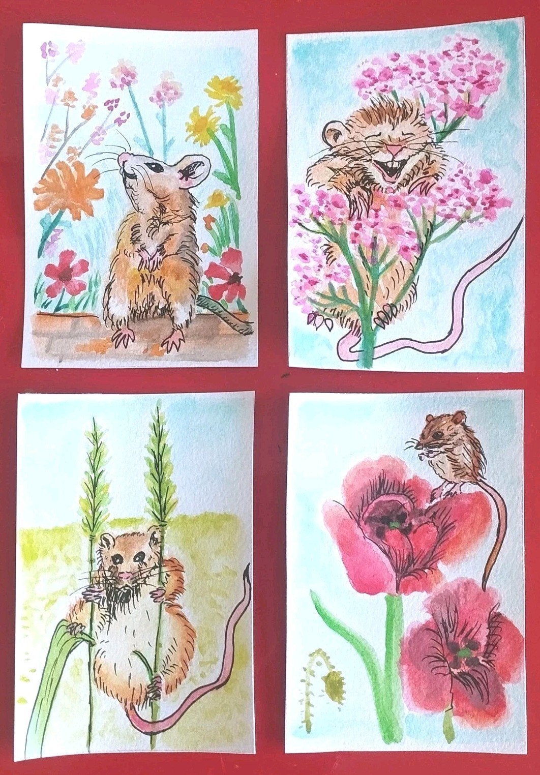 ACEO Original OOAK Cute Mice  lot 4 -painting signed ArtisticChaptersbyIris