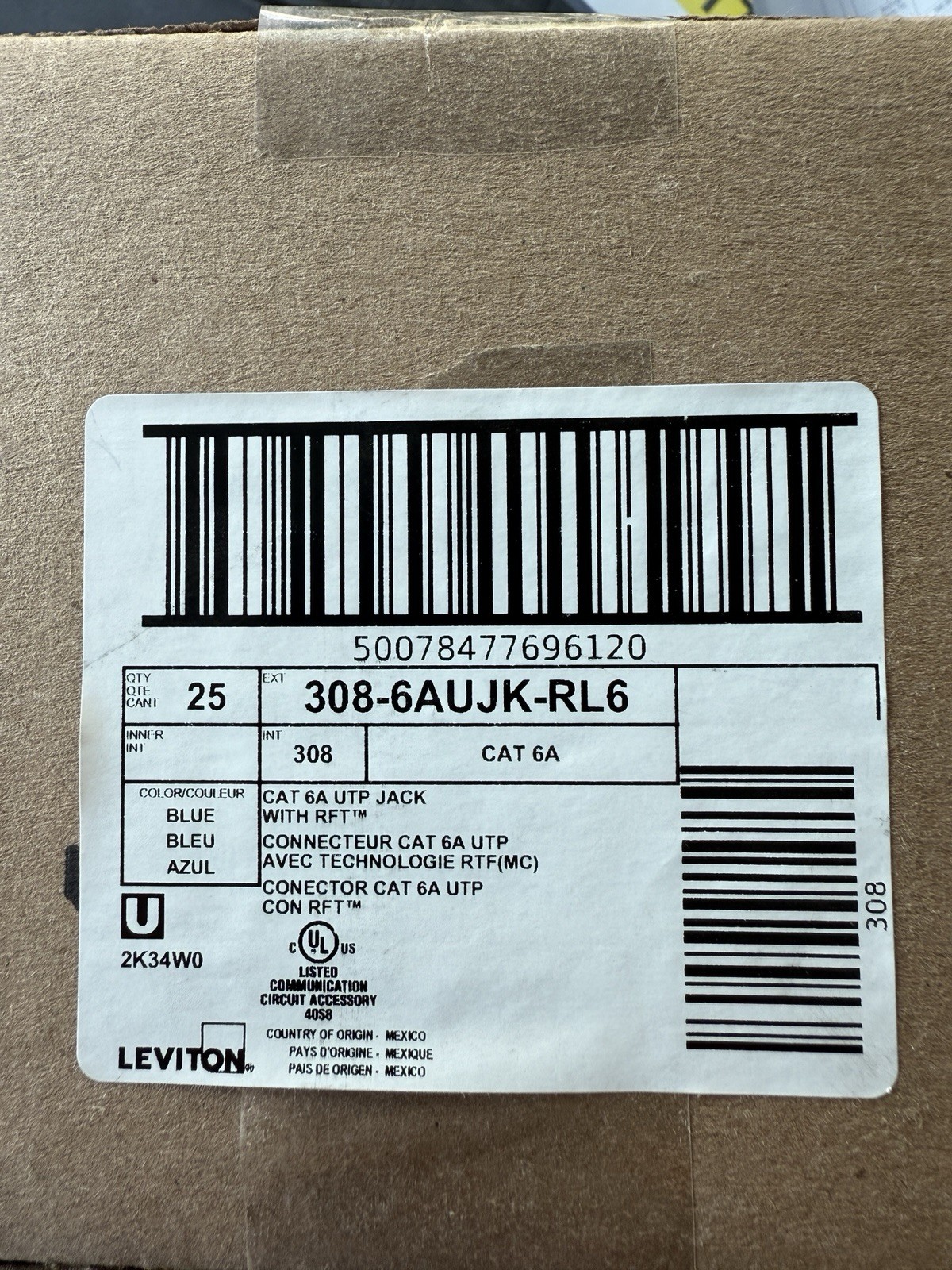 25/Box Leviton Cat 6A JACK 308-6AUJK-RL6 RJ6 BLUE 10 Gigabit Keystone 25/Box Leviton Cat 6A JACK 308-6AUJK-RL6 RJ6 BLUE 10 Gigabit Keystone