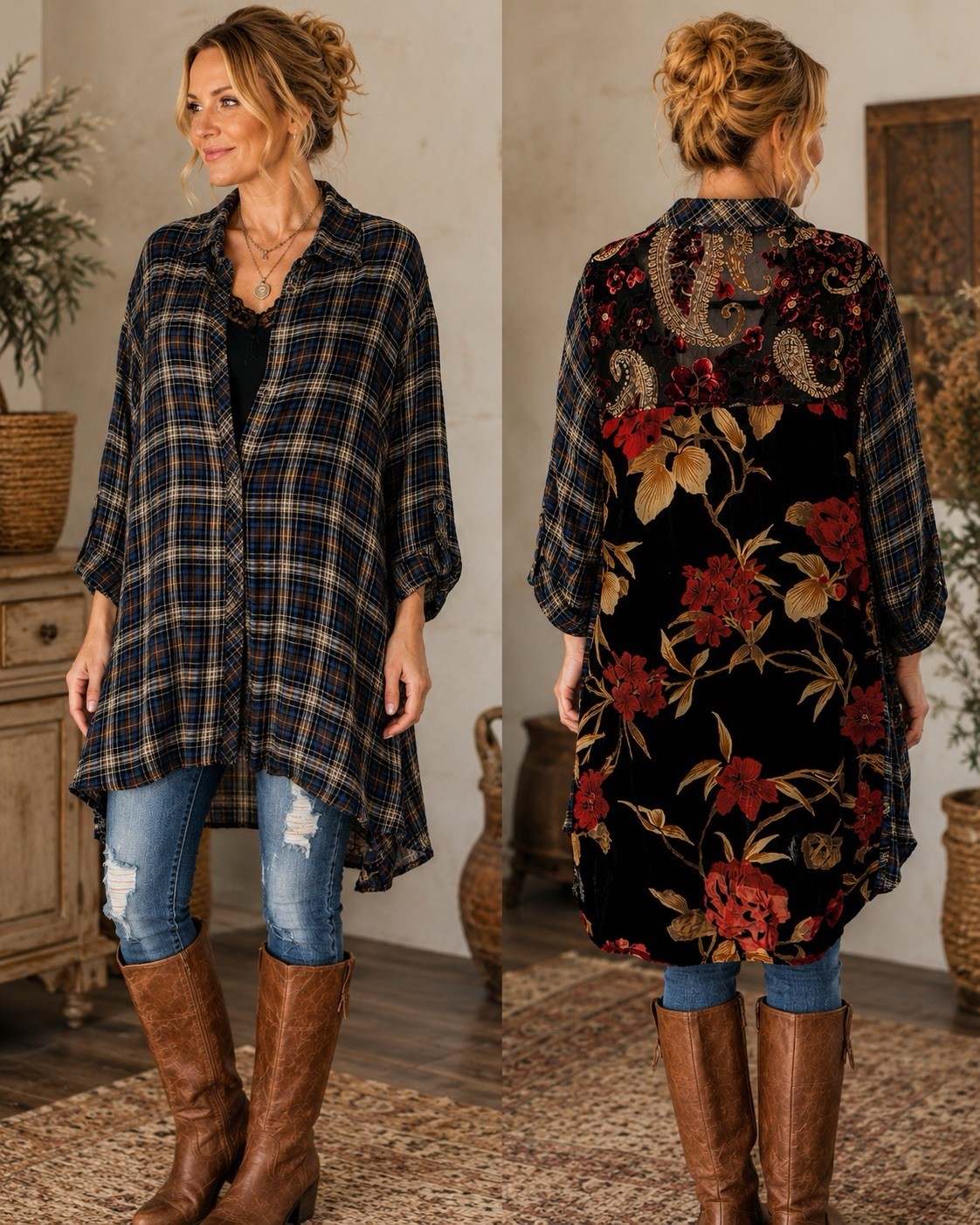 Oddy Women\'s 2X Plaid Patchwork Tunic Mixed Media Velvet Floral Boho Oversized