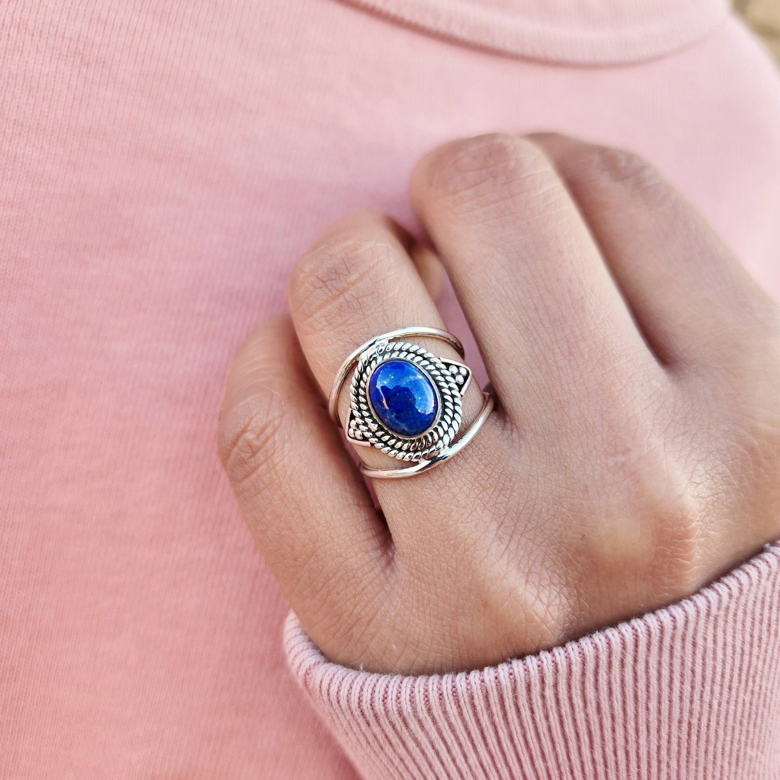 Genuine Lapis Lazuli Ring 925 Sterling Silver Statement Ring Lapis Gemstone Ring