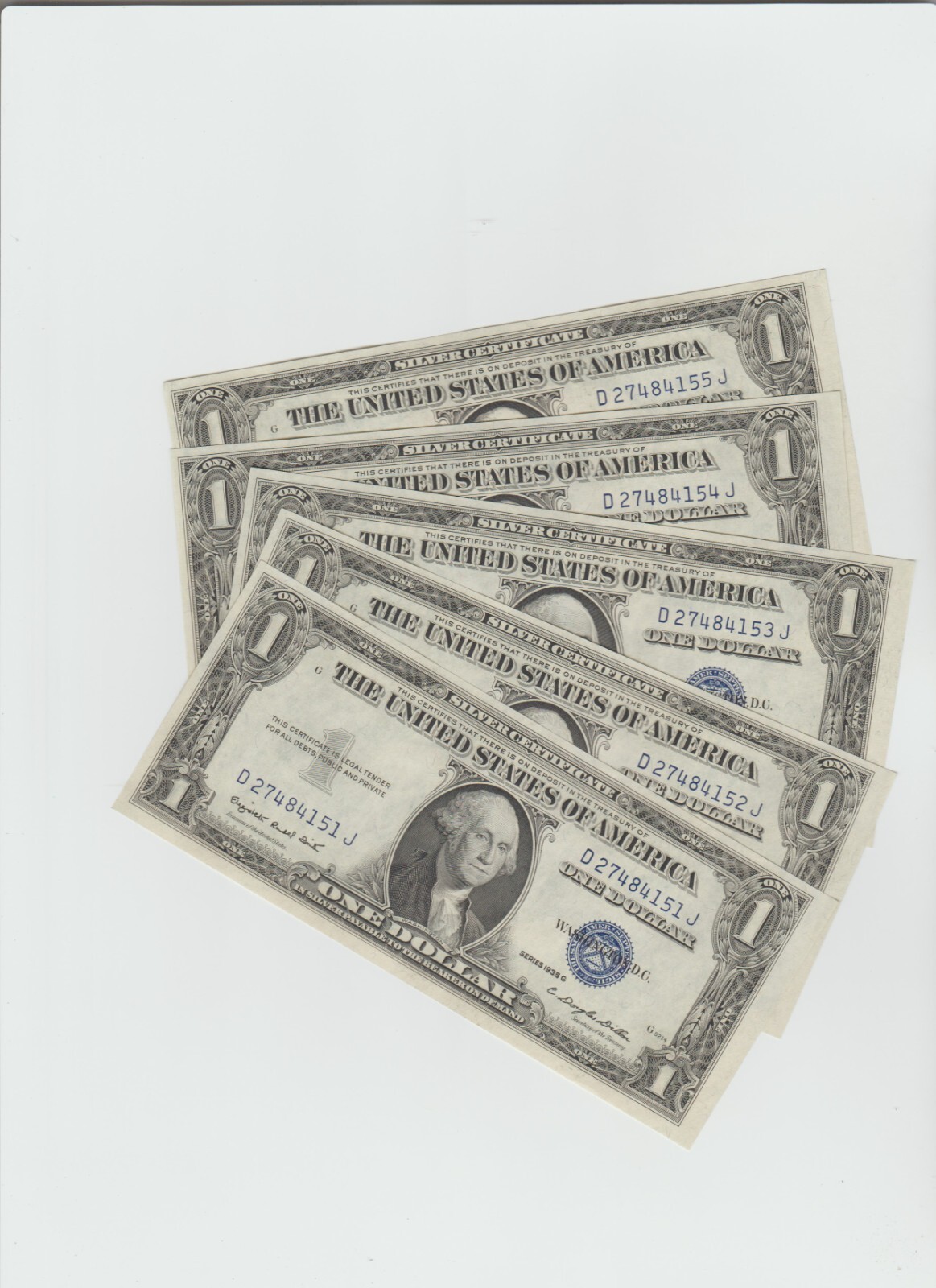 (5) CONSECUTIVE 1935-G $1 ONE DOLLAR SILVER CERTIFICATES UNCIRCULATED (5) CONSECUTIVE 1935-G $1 ONE DOLLAR SILVER CERTIFICATES UNCIRCULATED