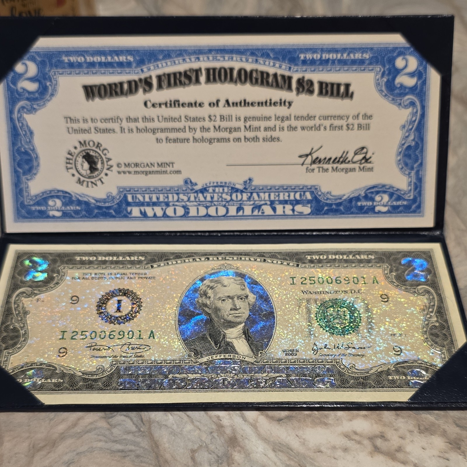 Rare “WORLDS FIRST” Double Sided Holographic $2 Dollar Bill COA From Morgan Mint