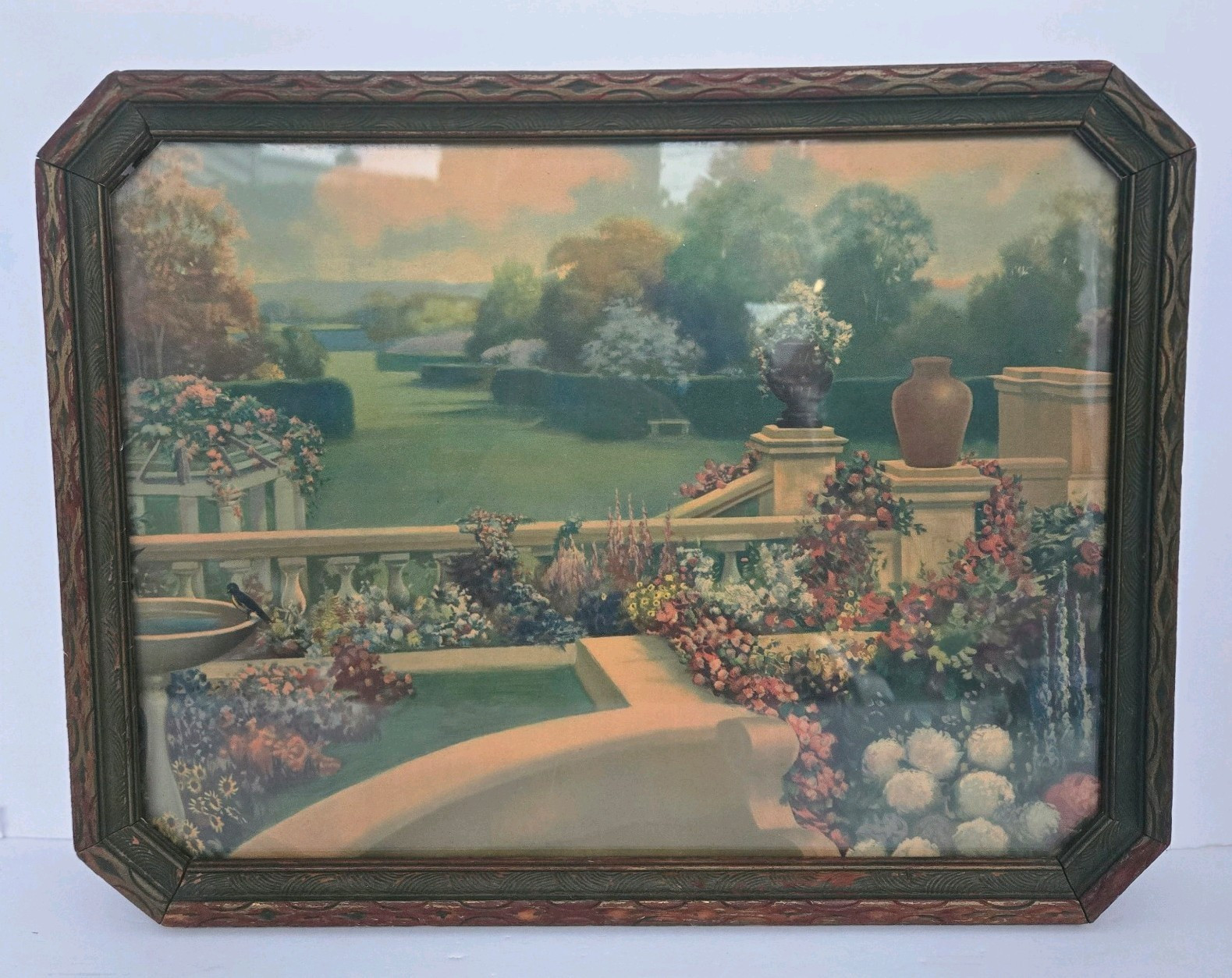 Vintage 1920s R Atkinson Fox Venetian Garden Lithograph Print Art Deco Frame