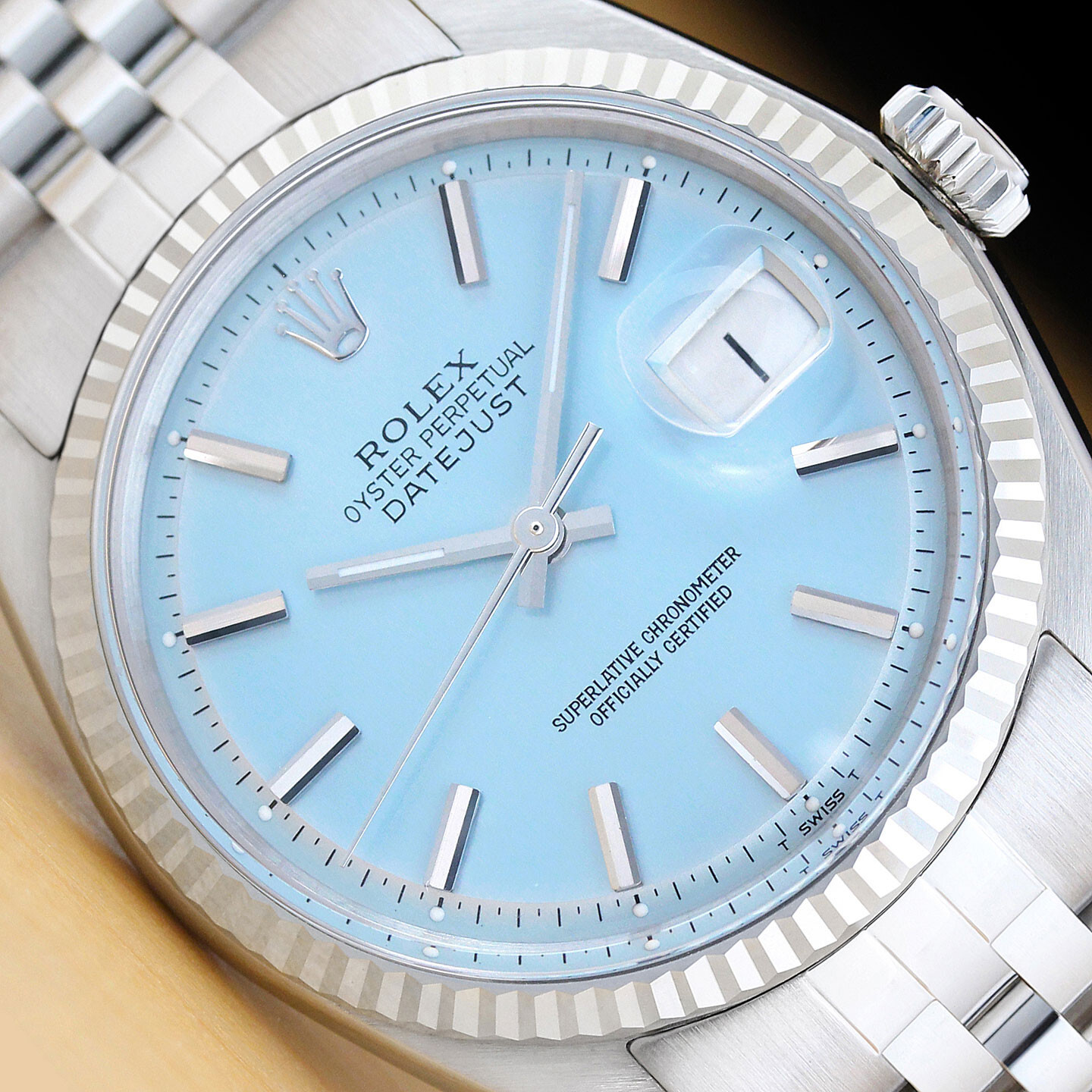 ROLEX MENS DATEJUST 18K GOLD STEEL ICE BLUE DIAL WATCH w/ JUBILEE BAND