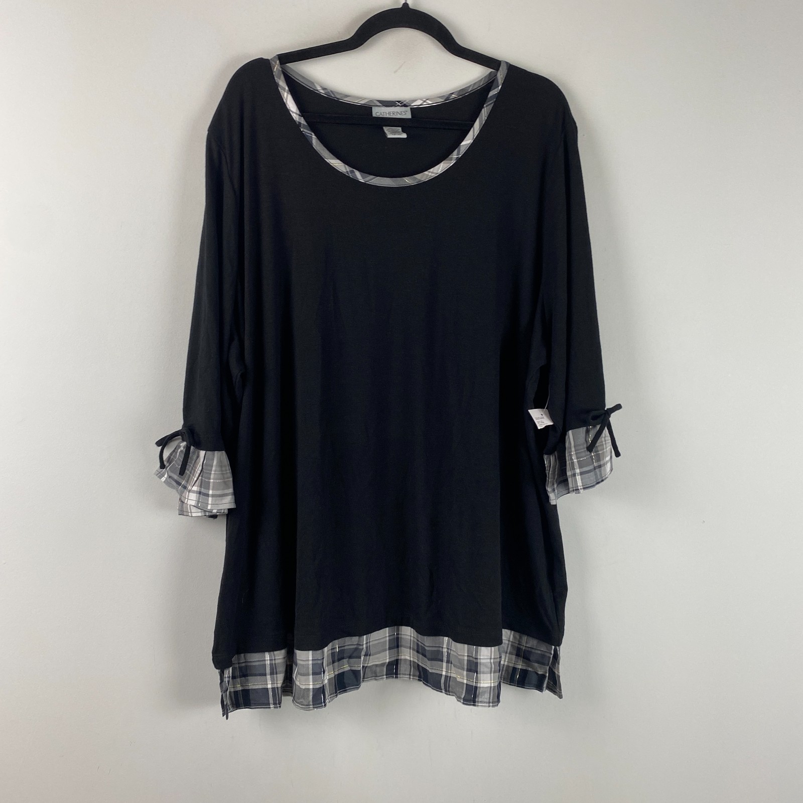Catherines Tunic w/ Plaid Trim Size 2X Black 3/4 Tie Sleeves Stretch