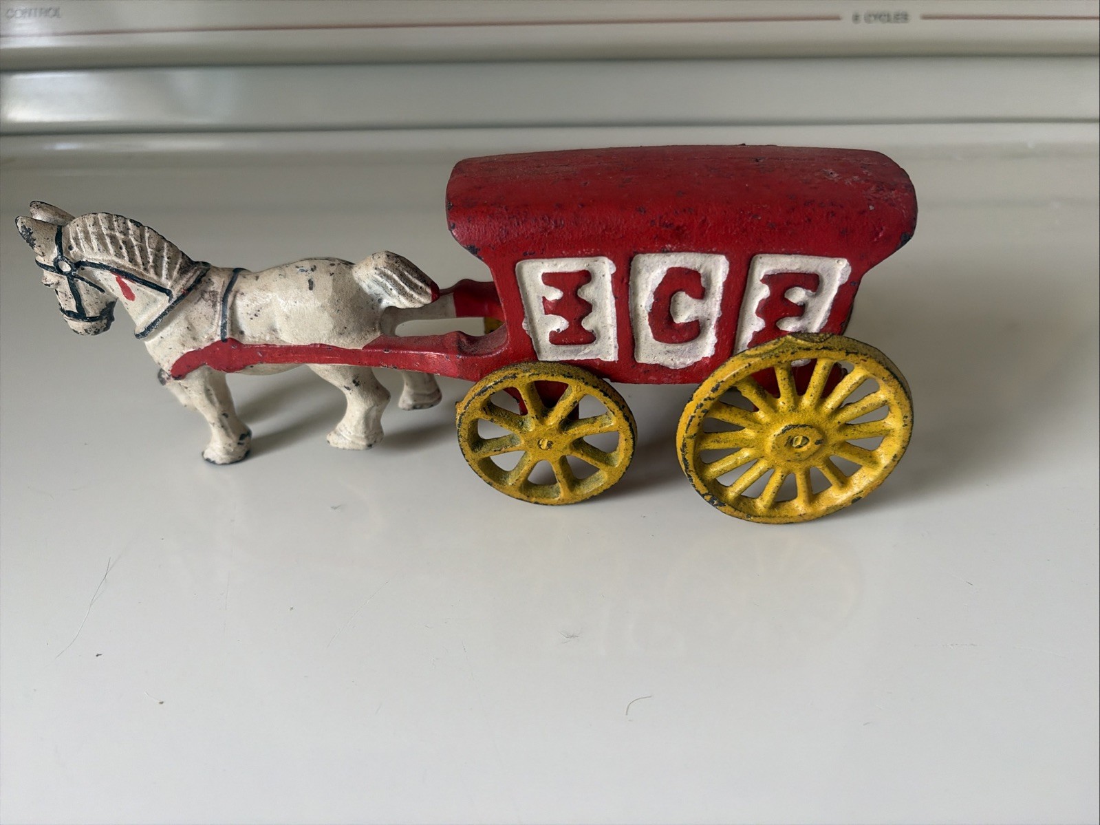 Vintage Cast Iron White Horse Drawn Red Ice Cart Buggy Wagon Toy