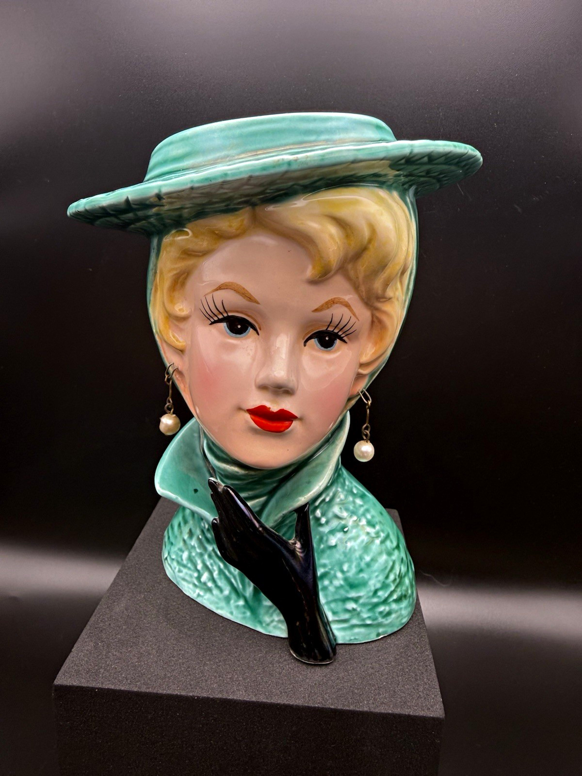 Vintage 1950s Japan Lefton 4596 Lady Head Vase Green Hat Pearl Earrings Vintage 1950s Japan Lefton 4596 Lady Head Vase Green Hat Pearl Earrings